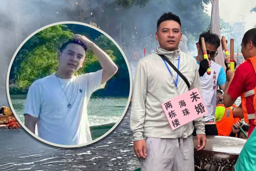 A man hung a placard around his neck at a boat racing event in China declaring that he owns two buildings in a bid to attract a partner. Photo: SCMP composite/RedNote/QQ.com