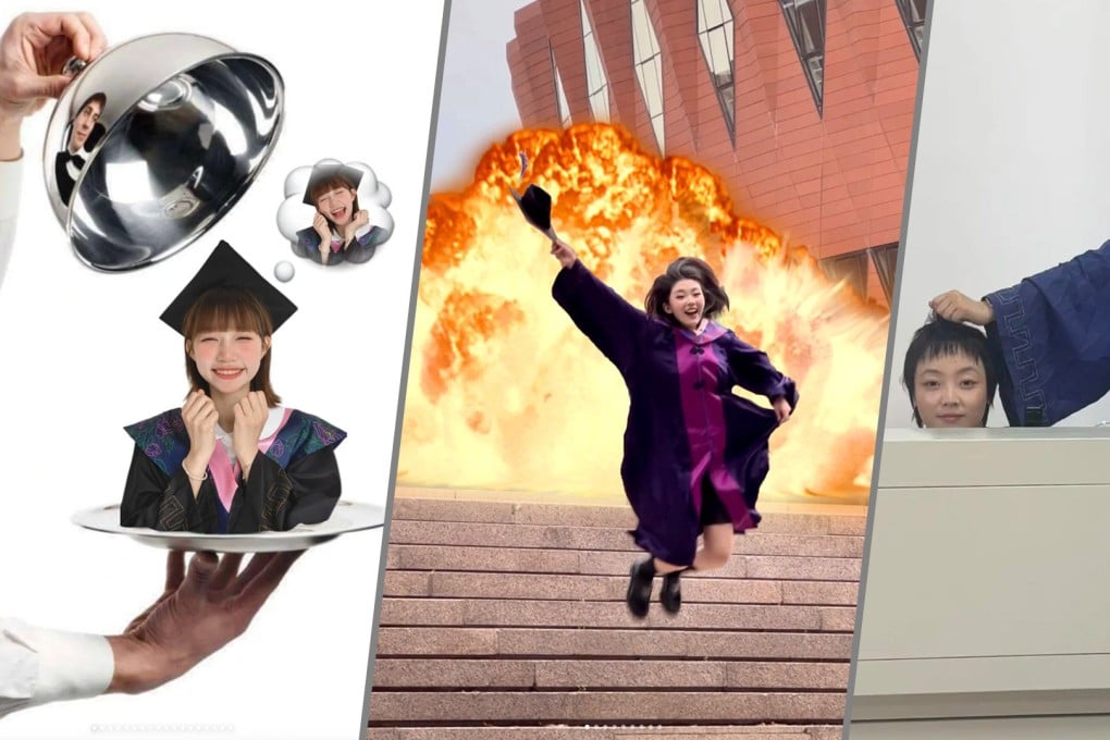 Chinese university graduates are taking funny class-day photos to reflect a growing attitude of self-loathing. Photo: SCMP composite/RedNote