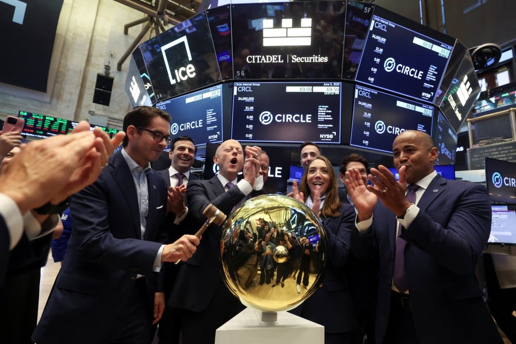 Jeremy Allaire, CEO and co-founder of Circle Internet Group reacts as Circle president Heath Tarbert rings a ceremonial bell to launch the company’s IPO at the New York Stock Exchange on Thursday. Photo: Reuters