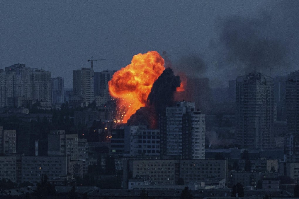 An explosion in Kyiv after a fatal Russian air strike on Friday. Photo: AP