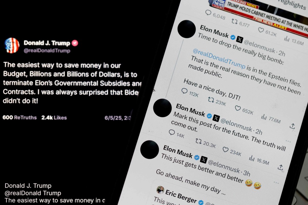 In this photo illustration, recent social media posts by US President Donald Trump and Elon Musk are displayed on smartphones. Image: AFP