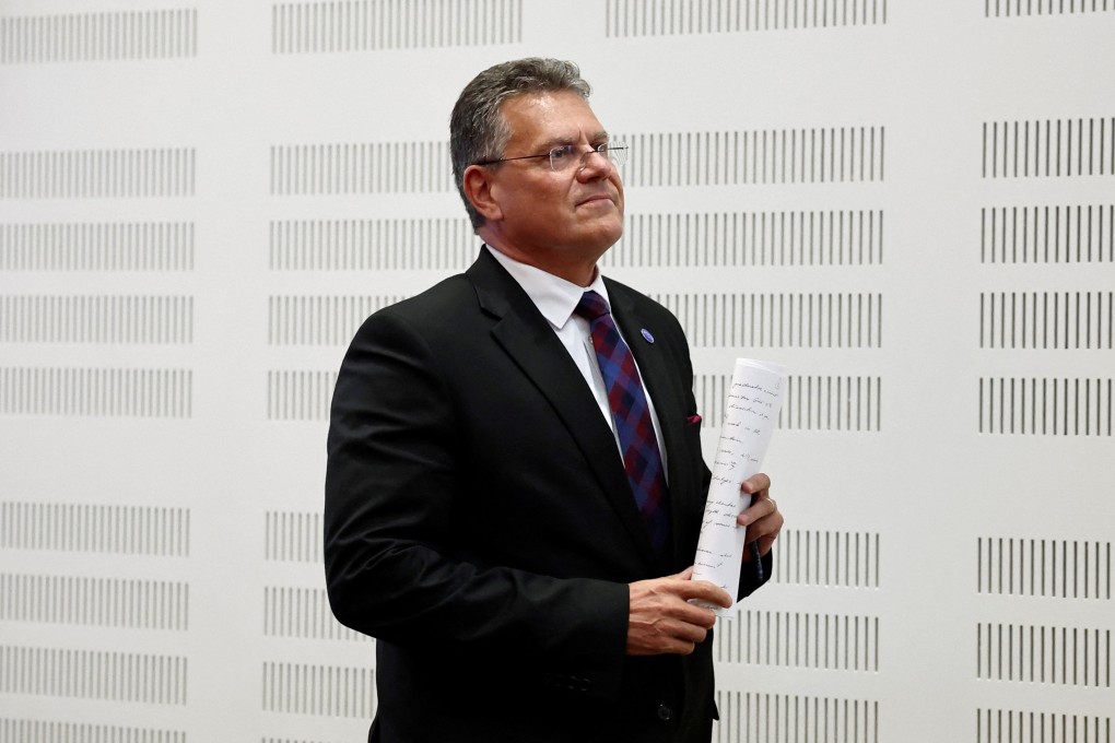 EU trade commissioner Maros Sefcovic leaves a press briefing during a ministerial council meeting of the Organistation for Economic Cooperation and Development in Paris, France, on Wednesday. Photo: Reuters