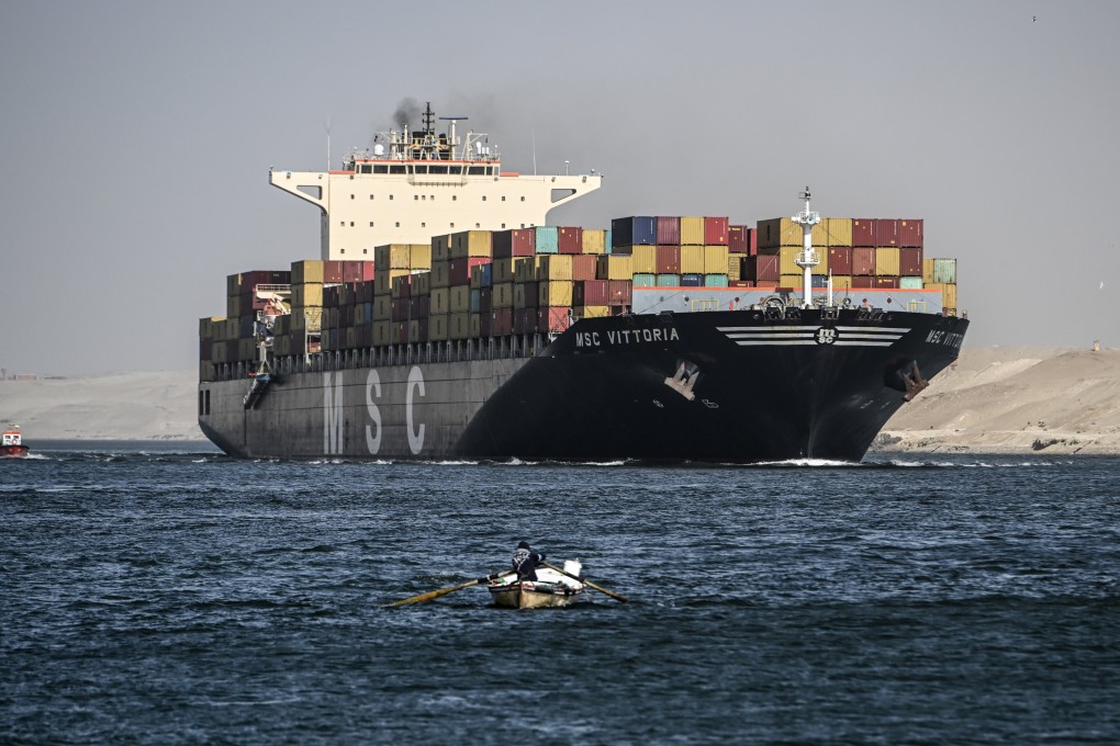 A Mediterranean Shipping Company container ship passes through the Suez Canal towards the Red Sea in December 2023. Photo: EPA-EFE