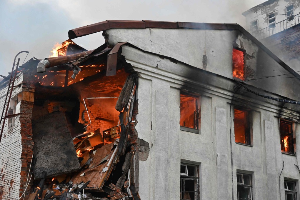 A fire at a civilian plant following Russian powerful attacks on the Ukrainian city of Kharkiv early on Saturday. Photo: AFP