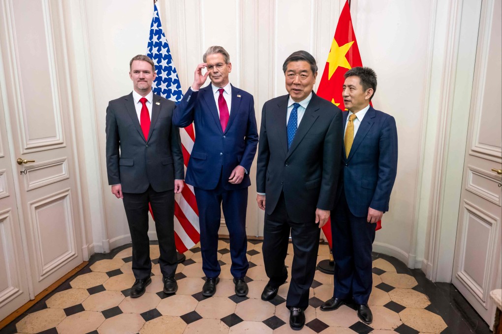 Pictured before the previous round of talks are (from left) US trade representative Jamieson Greer, US Treasury Secretary Scott Bessent, China’s Vice-Premier He Lifeng and Chinese international trade representative Li Chenggang, in Geneva on May 10. Photo: AFP