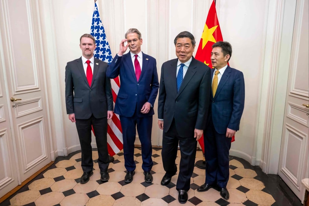Pictured before the previous round of talks are (from left) US trade representative Jamieson Greer, US Treasury Secretary Scott Bessent, China’s Vice-Premier He Lifeng and Chinese international trade representative Li Chenggang, in Geneva on May 10. Photo: AFP