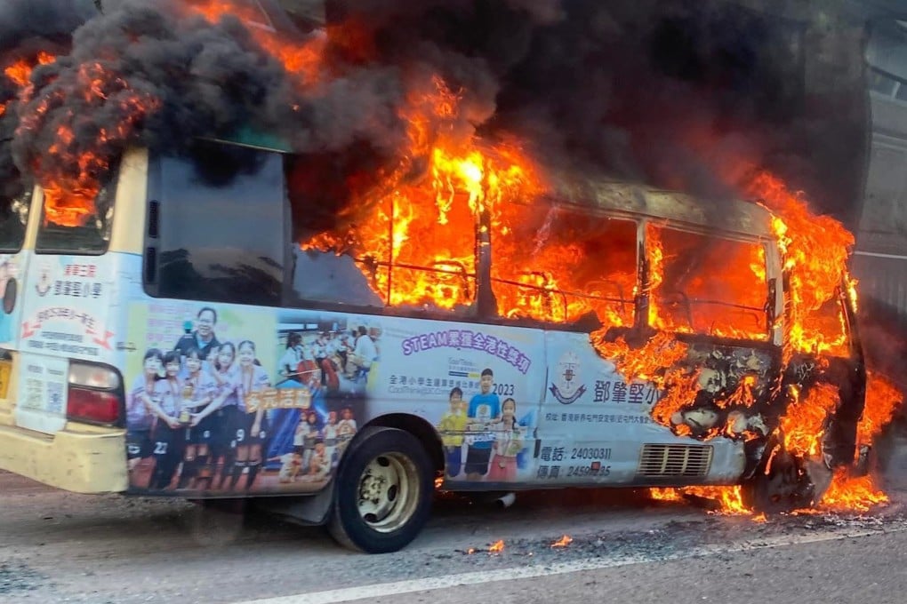 Footage circulating online shows the minibus going up in flames. Photo: Facebook/Bosco Chu