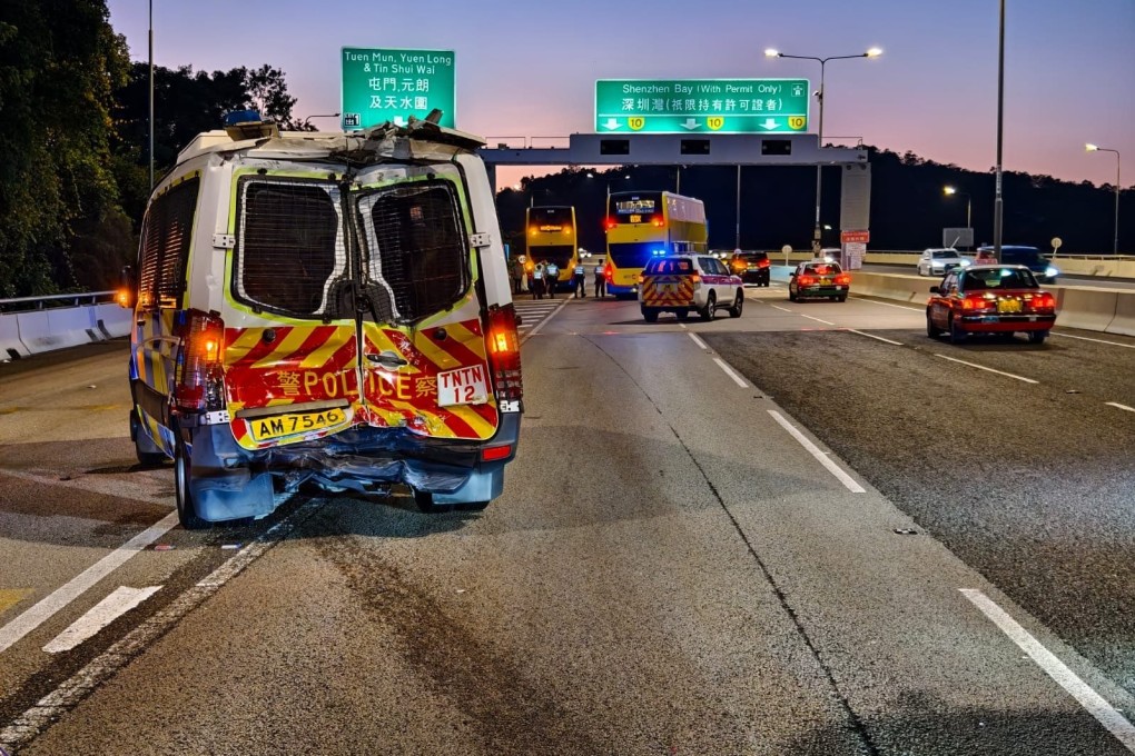 The police vehicle had stopped on the road for another traffic incident and was hit from behind.  Photo: Handout