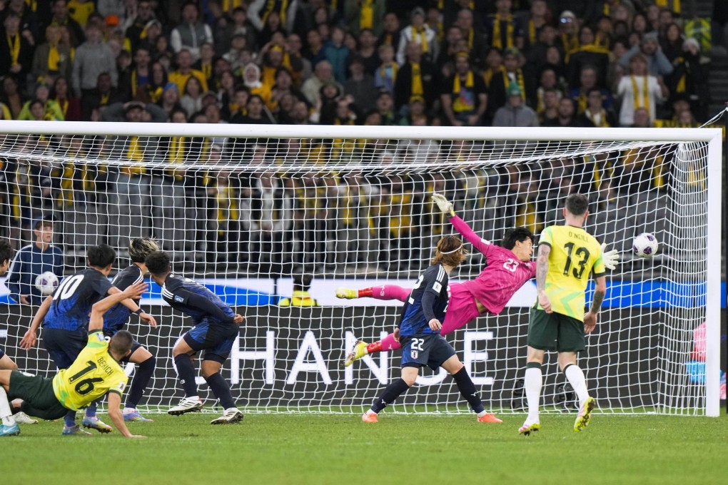 Australia’s Aziz Behich (16) scores the only goal in the match against Japan on Thursday, all but ensuring their spot at the 2026  World Cup. Photo: Kyodo