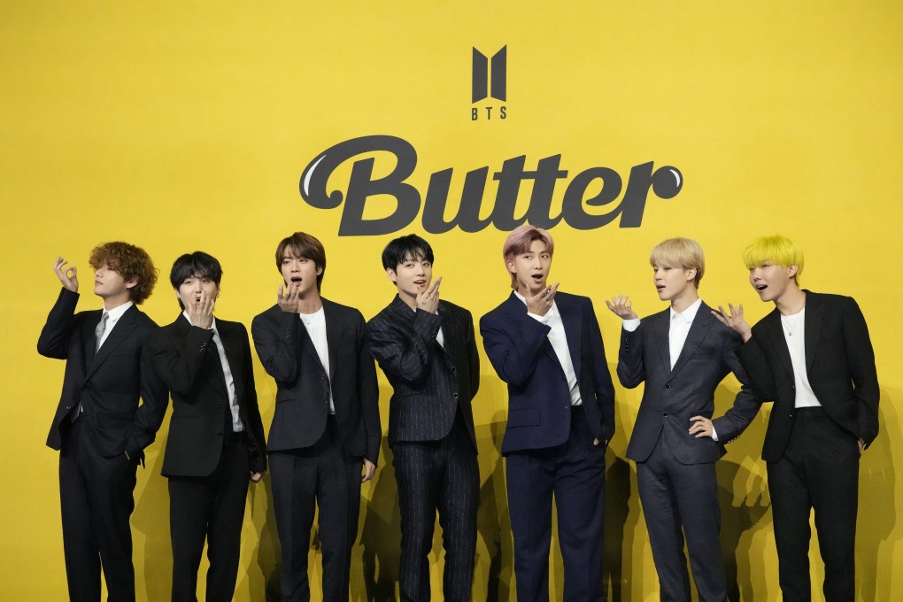 BTS promote their single “Butter” in 2021. Members of the Korean boy band V (far left), Jungkook (centre), RM (third from right) and Jimin (second from right) will complete their mandatory military service in South Korea this week. Photo: AP