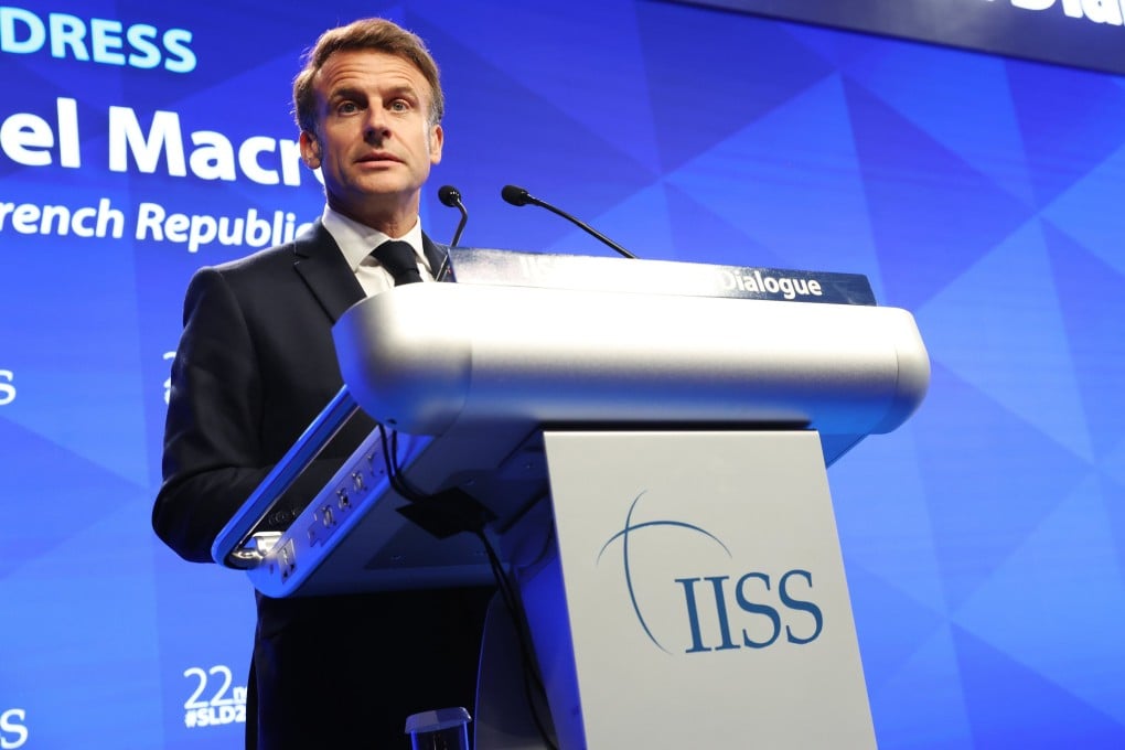 French President Emmanuel Macron delivers his keynote address during the Shangri-la Dialogue in Singapore on May 30. He called for deepening EU-Asia trade as well as security ties. Photo: EPA-EFE