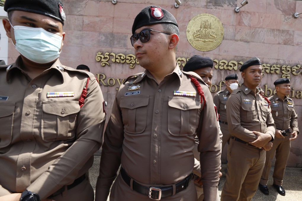 Thai police guard outside the Cambodian Embassy as the nationalist gather to protest over the Thai-Cambodian border dispute, in Bangkok, Thailand, on June 6. Photo: EPA-EFE