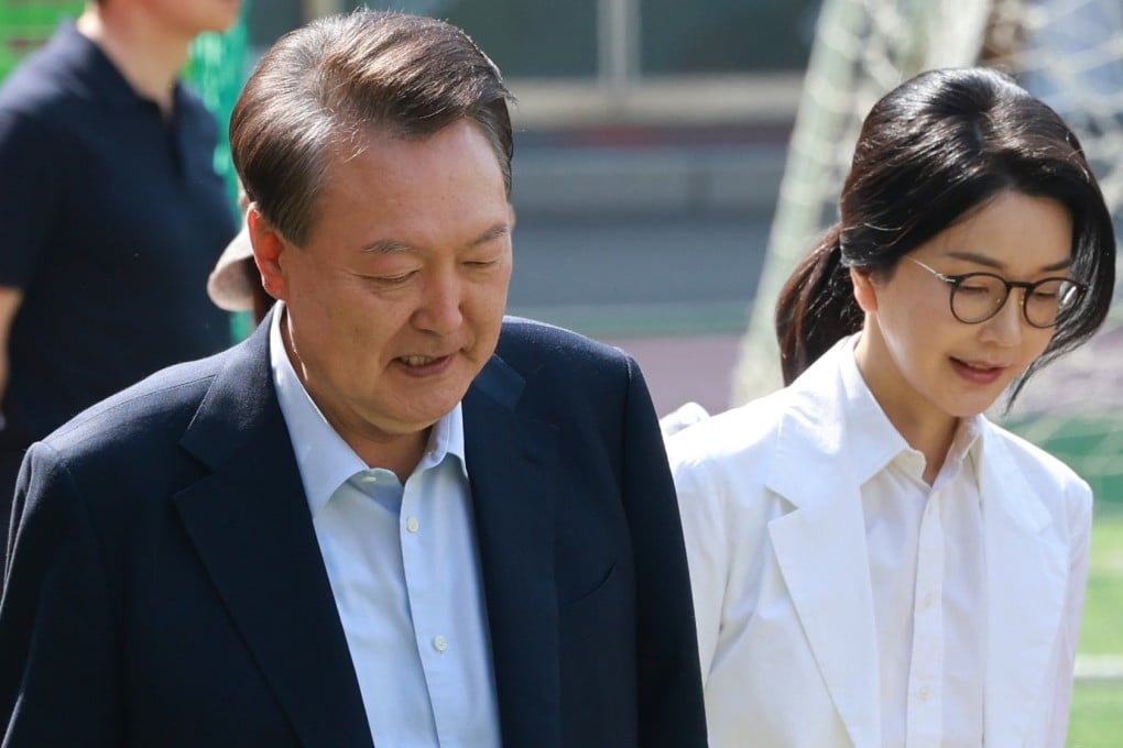 Former South Korean President Yoon Suk-yeol and his wife, Kim Keon-hee, at a polling station in Seoul on Tuesday. Photo: EPA-EFE/Yonhap