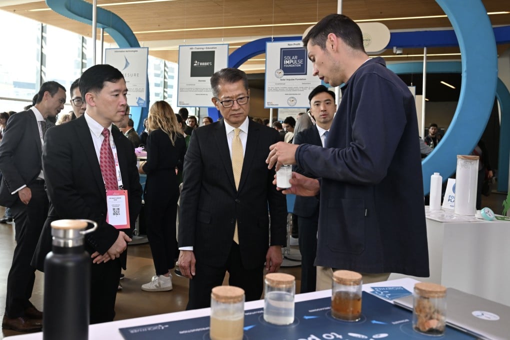 Hong Kong Financial Secretary Paul Chan visits the booth of a local tech company at VivaTech in Paris, on May 24, 2024. Photo: Handout