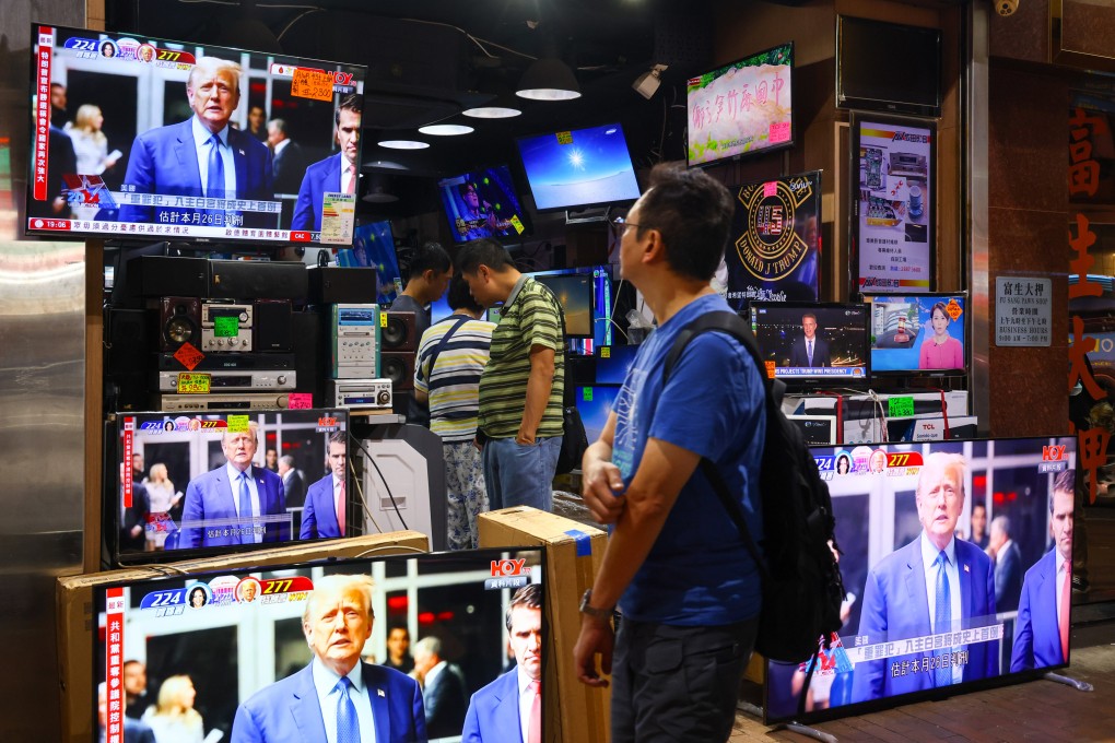 News of Donald Trump winning the US presidential election is broadcast on  TVs in Sham Shui Po last November. In 2023, the government approved easing the cap for non-English programmes on English channels from 20 per cent to 45 per cent. Photo: Dickson Lee
