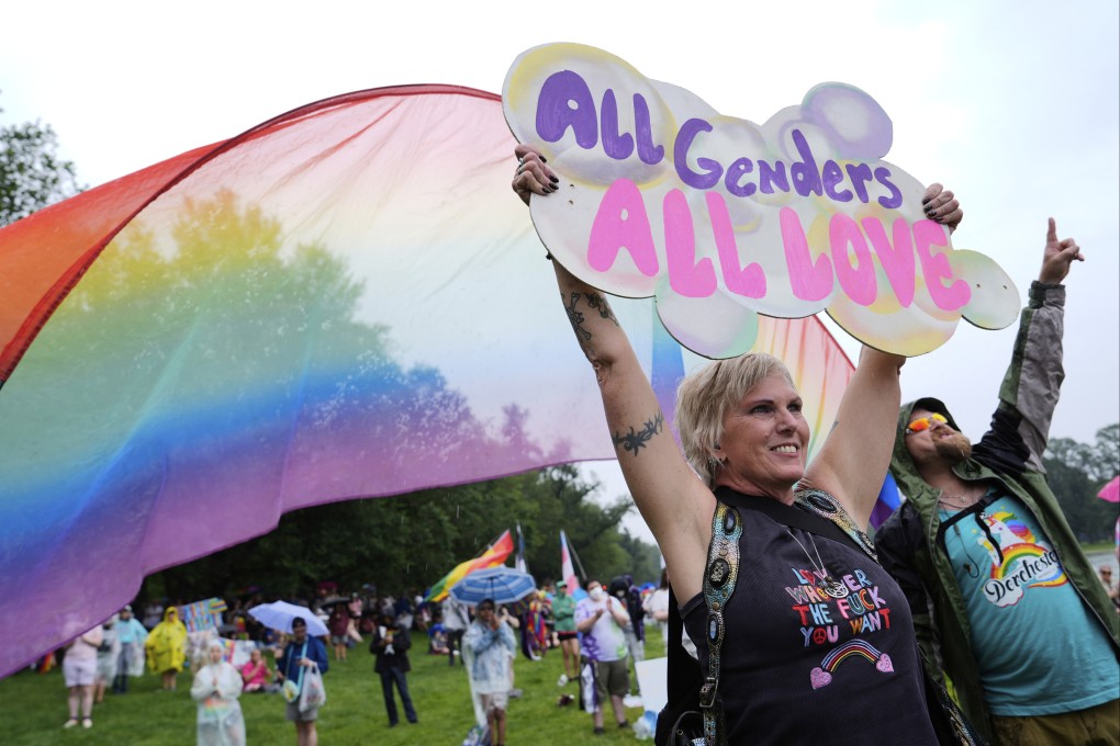 People attend the World Pride Rally and March at the Lincoln Memorial on the National Mall in Washington on Sunday. Photo: AP