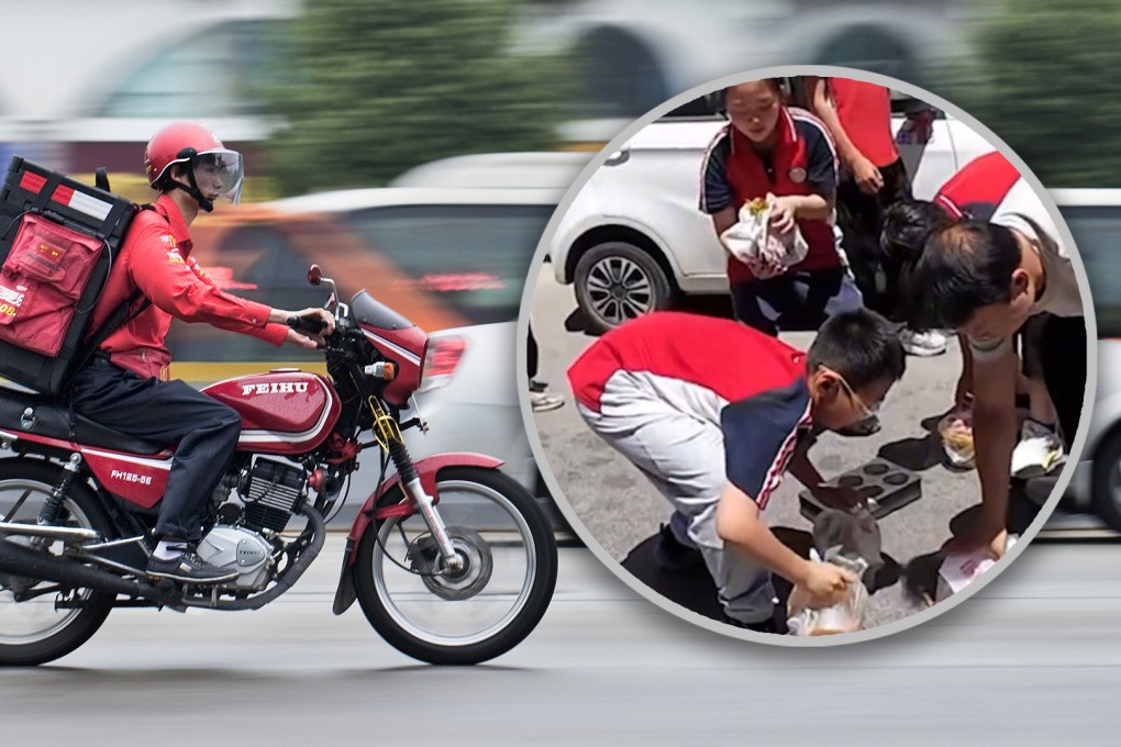 A group of young school pupils in China have been praised for coming to the aid of a food delivery rider who crashed his electric bicycle and spilled his load of lunchboxes. Photo: SCMP composite/Shutterstock/The Paper