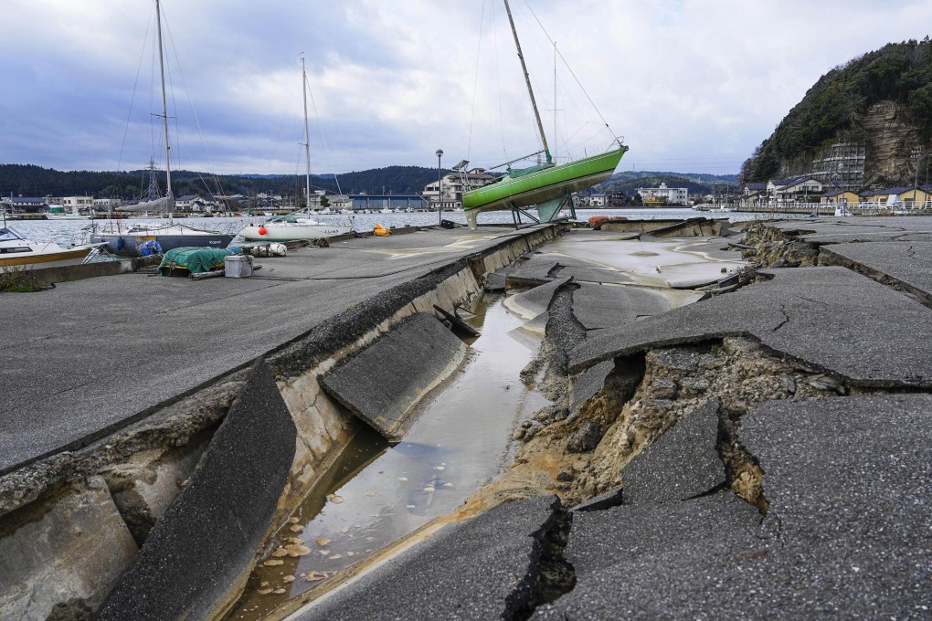 A damaged port in Anamizu, Japan’s Ishikawa prefecture, after a strong earthquake on January 1 last year. Photo: Kyodo