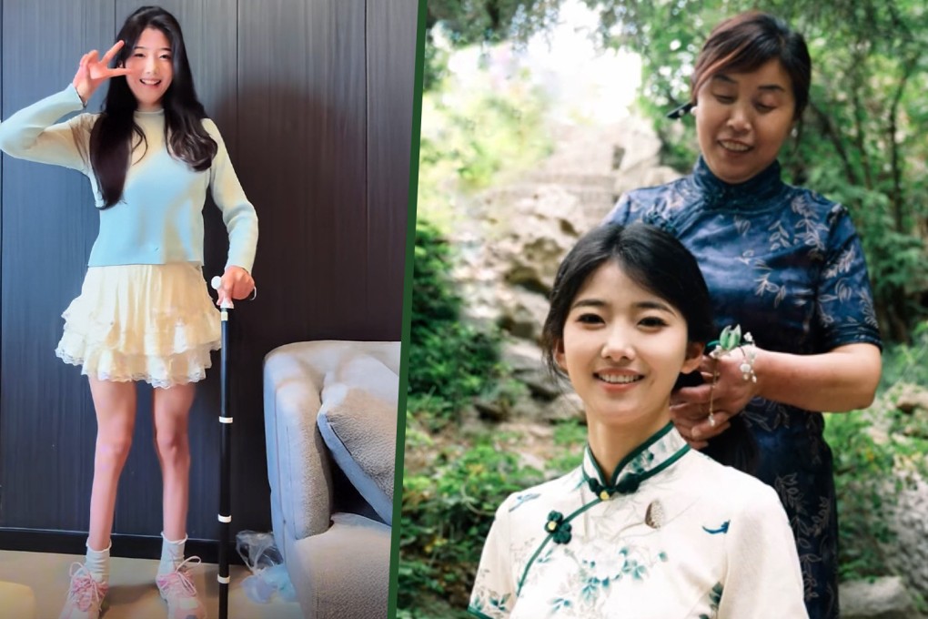 A Chinese university student has gained online attention for spreading positivity, despite facing a spinal defect that impacts her mobility. Photo: SCMP composite/Douyin