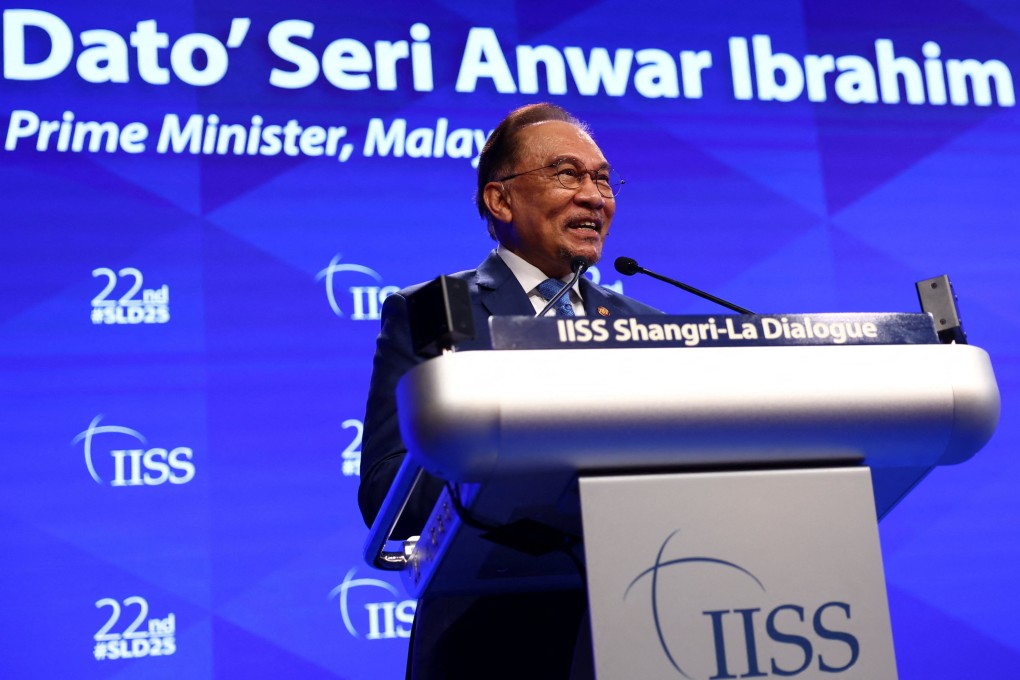 Malaysian Prime Minister Anwar Ibrahim speaking at the Shangri-La Dialogue on May 31. Photo: Reuters