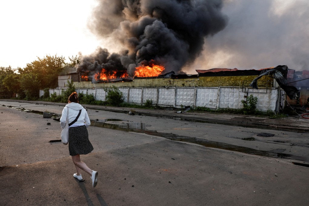 A building on fire in Kyiv, Ukraine, after a Russian drone strike. Photo: Reuters