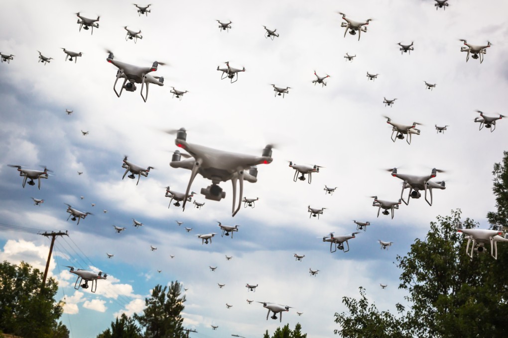 Dozens of drones swarm the sky. Pattaya authorities are planning to deploy drones to fight crime in the city. Photo: Shutterstock