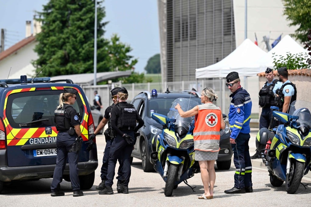 French gendarmes control the access to a secondary school after a 31-year-old teaching assistant was stabbed with a knife by a pupil during a bag search in Nogent on Tuesday. Photo: AFP