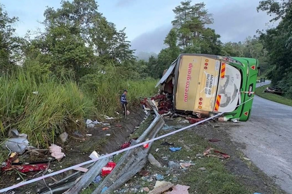 The site of a bus crash on the East-West Highway near Gerik, Malaysia, on Monday. Photo: Fire and Rescue Department of Malaysia/Xinhua