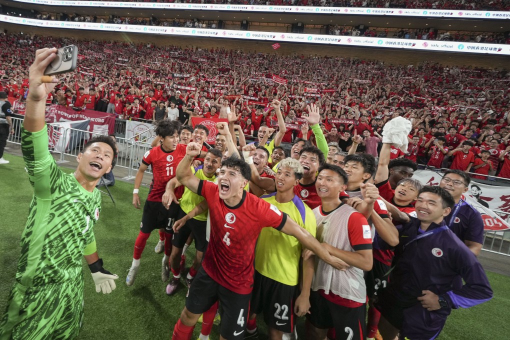 Hong Kong players celebrate with fans after their victory over India. Photo: Sam Tsang