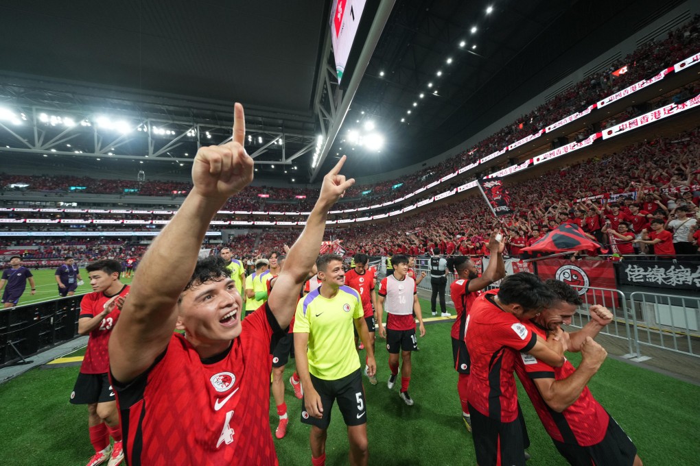 Hong Kong players celebrate beating India at Kai Tak Stadium on Tuesday. Photo: Sam Tsang