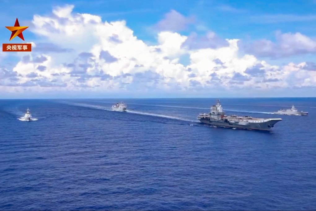 A video grab from a PLA Navy social media post shows the Shandong carrier strike group training in the South China Sea. Photo: Handout