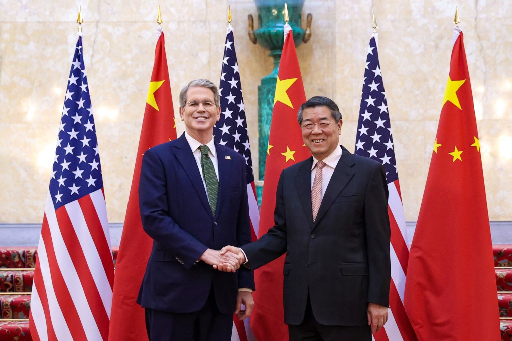 Chinese Vice-Premier He Lifeng shakes hands with US Treasury Secretary Scott Bessent during a two-day meeting in London. Photo: Xinhua