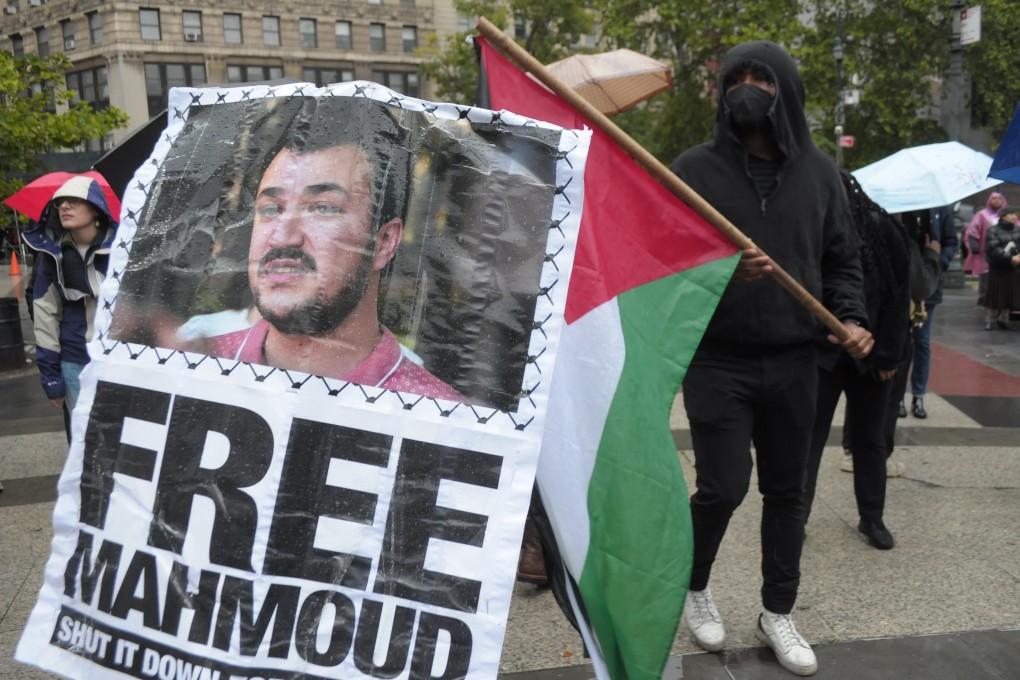 An image of Mahmoud Khalil is displayed at a rally in New York in May. Photo: dpa