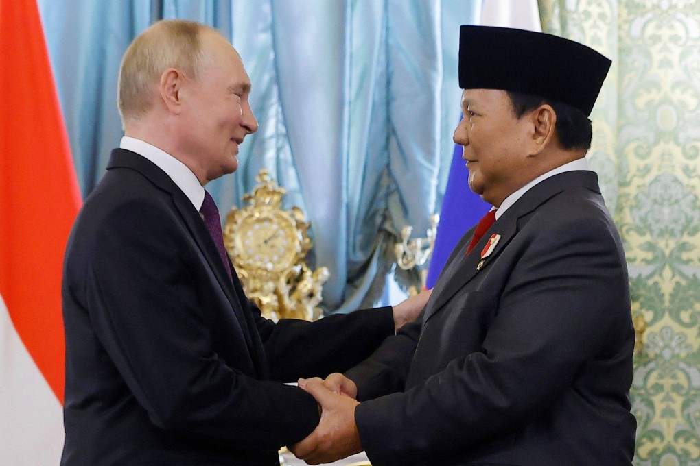 Russia’s President Vladimir Putin (left) shakes hands with Indonesia’s president-elect Prabowo Subianto during a meeting at the Kremlin on July 31, 2024. Photo: AFP