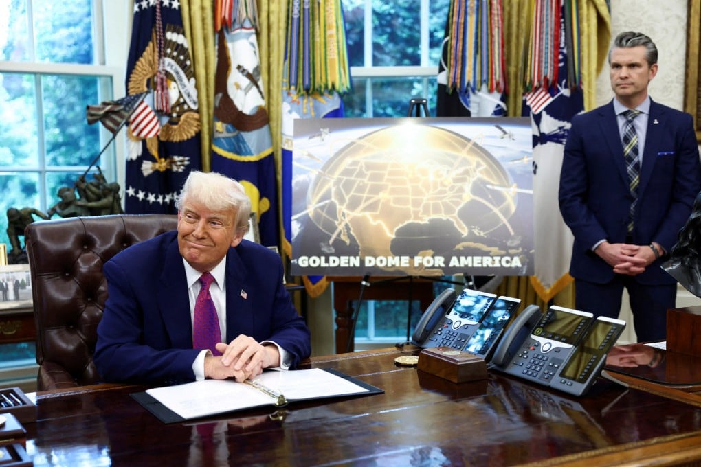 US President Donald Trump makes an announcement regarding the Golden Dome space-based missile defence system, as Defence Secretary Pete Hegseth looks on, in the Oval Office on May 20. Photo: Reuters