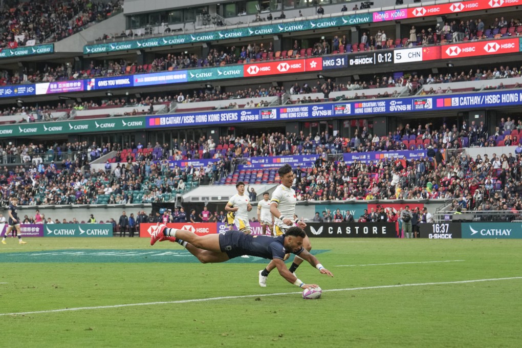 Max Denmark scores one of a hattrick of tries against China at the Hong Kong Sevens at Kai Tak Stadium in March. Photo: Elson Li
