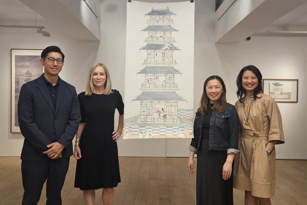 (From left) Chinese ink art collectors Douglas Wu, Lisa Chiba and Chloe Suen with Daphne King-Yao, founder and director of Alisan Fine Arts in Central, Hong Kong, at the gallery’s exhibition titled “Tradition Transformed”, which showcases how three generations of artists are pushing the boundaries of traditional ink painting.