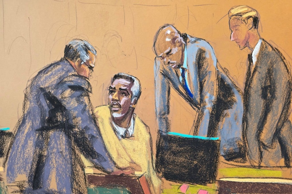 Sean “Diddy” Combs, seated, confers with his lawyers after a meeting with the judge during his sex trafficking trial in New York on Thursday in a courtroom sketch. Photo: Reuters