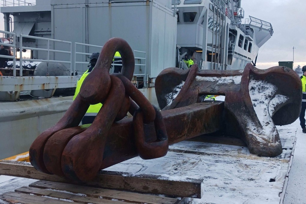 This undated Finnish Border Guard handout picture shows the presumed anchor of the oil tanker Eagle S on the deck of HMS Belos outside Porkkalanniemi, Finland. Photo: AFP