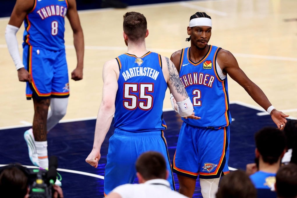NBA MVP Shai Gilgeous-Alexander (right) celebrates with Oklahoma City Thunder teammate Isaiah Hartenstein during the fourth quarter of Game Four. Photo: AFP