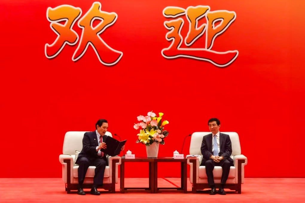 Wang Huning (right), chairman of the Chinese People’s Political Consultative Conference, meets former Taiwanese leader Ma Ying-jeou (left) at the annual Straits Forum in Xiamen, Fujian province on Sunday. Photo: Handout
