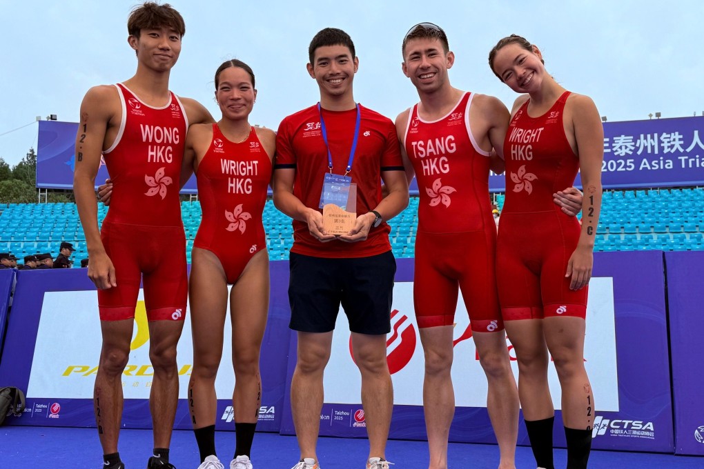 Hong Kong’s team of (from left) Wong Tsz-to, Cade Wright, coach Arthur Cheung, Nick Tsang and Tallulah Wright win the bronze in Taizhou. Photo: Triathlon Association of Hong Kong, China