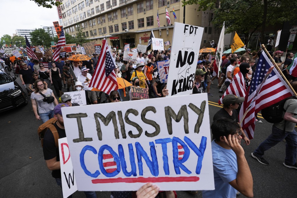 Protestors in Washington on Saturday demonstrating against the policies of US President Donald Trump, one of the many “No Kings” events across the country. Photo: AP