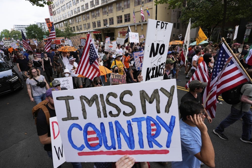 Protestors in Washington on Saturday demonstrating against the policies of US President Donald Trump, one of the many “No Kings” events across the country. Photo: AP