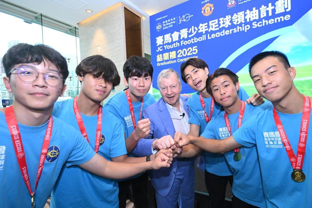 The six winners, including Sam Lo (third from left) and Jacky Cheung (far right), with Hong Kong Jockey Club CEO Winfried Engelbrecht-Bresges. Photo: Hong Kong Jockey Club