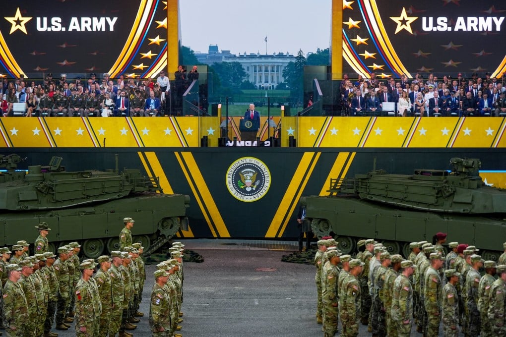 US President Donald Trump takes part in a reenlistment ceremony for US Army soldiers during a military parade commemorating the Army’s 250th anniversary on Saturday in Washington. Photo: AP