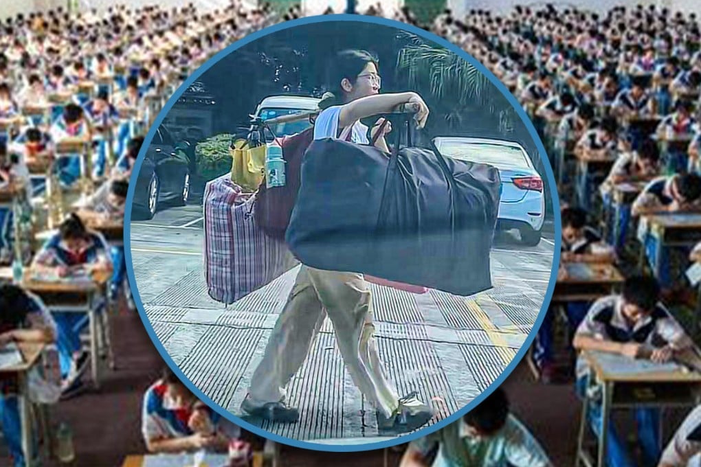 After a vital exam, a Chinese girl walked home alone, carrying heavy luggage on a pole, serving as an inspiration to many. Photo: SCMP composite/Sohu/yahoo.tw