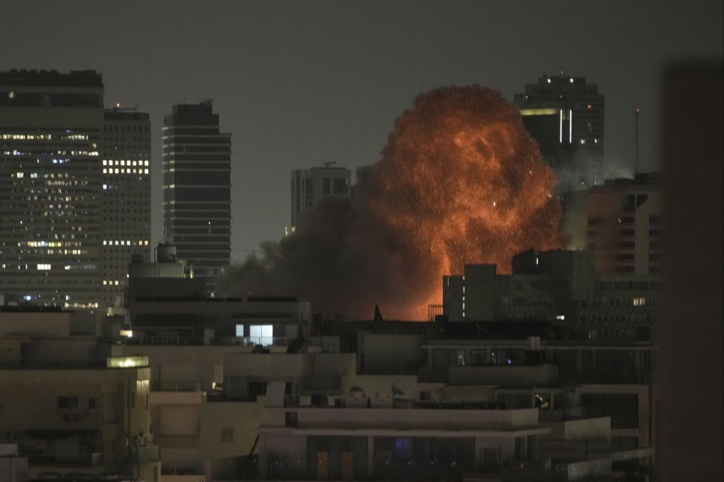 An explosion from an Iranian missile attack on Tel Aviv, Israel, on Sunday. Photo: AP