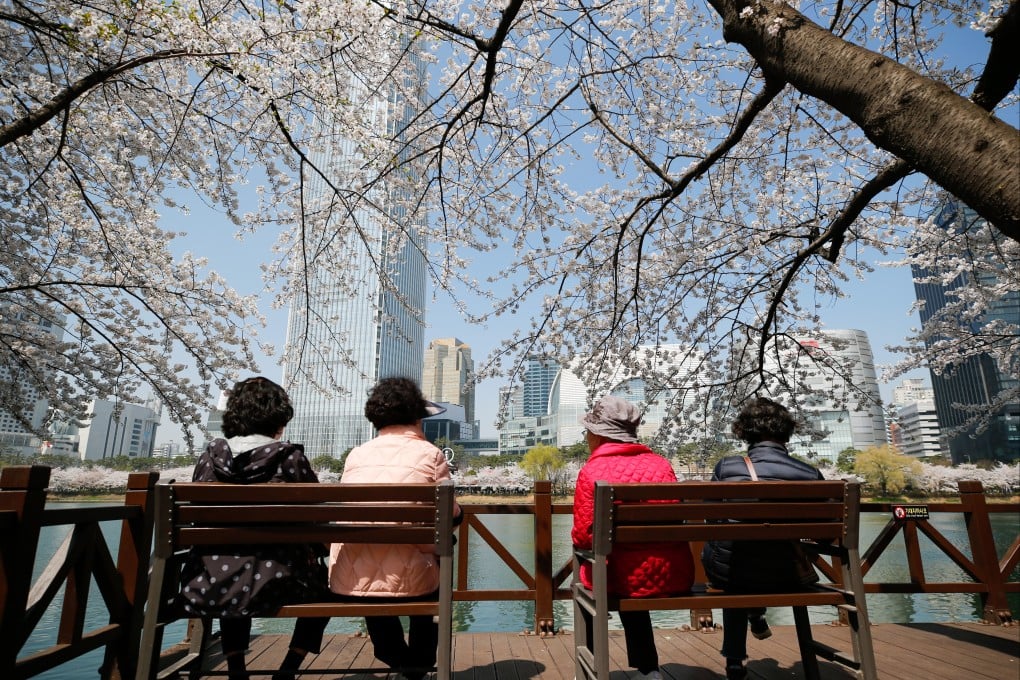 People sit and admire the cherry blossoms and lakeside buildings in Seoul, South Korea, on March 30, 2023. Photo: Xinhua