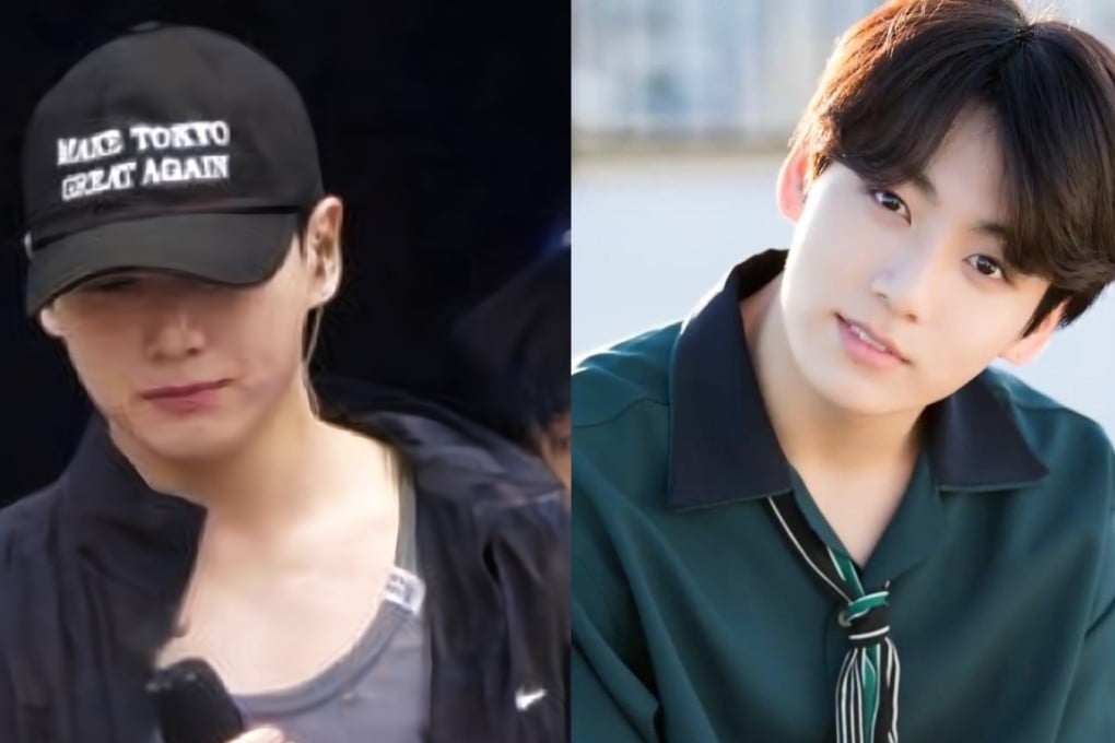 Left: BTS member Jungkook wearing the controversial “Make Tokyo Great Again” cap during a rehearsal appearance in June 13 Photo: Handout. Right: Jungkook during a BTS 5th anniversary photoshoot in Los Angeles in May 2018. Photo: Dispatch / Wikimedia Commons